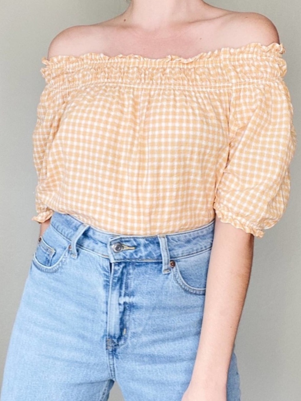 Off Shoulder Puff Short Sleeve Yellow White Checked Gingham Plaid Top Blouse